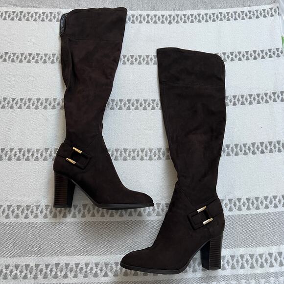 Marc Fisher Dark Brown Suede Over The Knee Block Heel Buckle Boots Womens 7M - Picture 1 of 13
